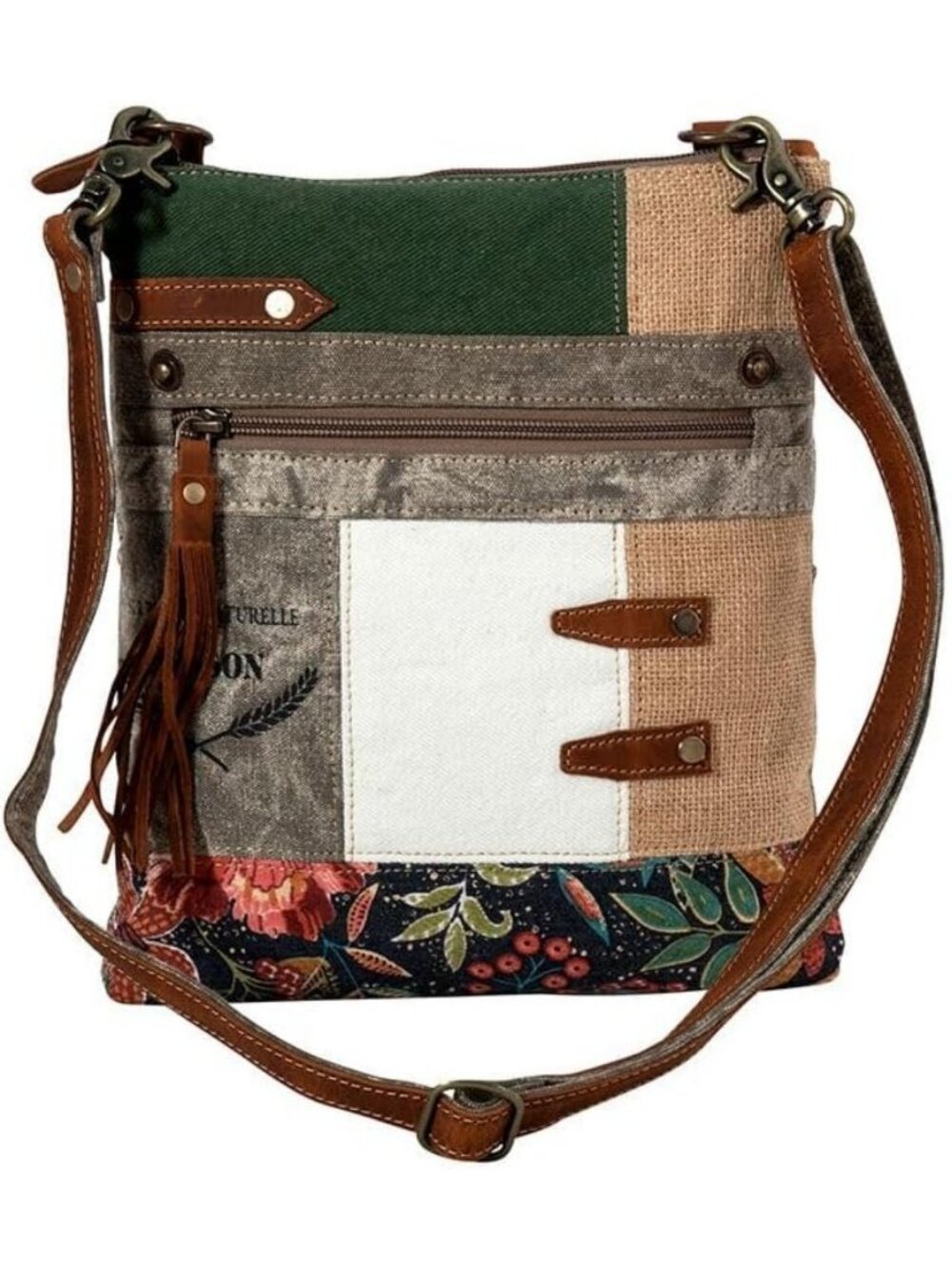 Stylish Upcycled Canvas & Leather Crossbody Bag for Women - Floral Western